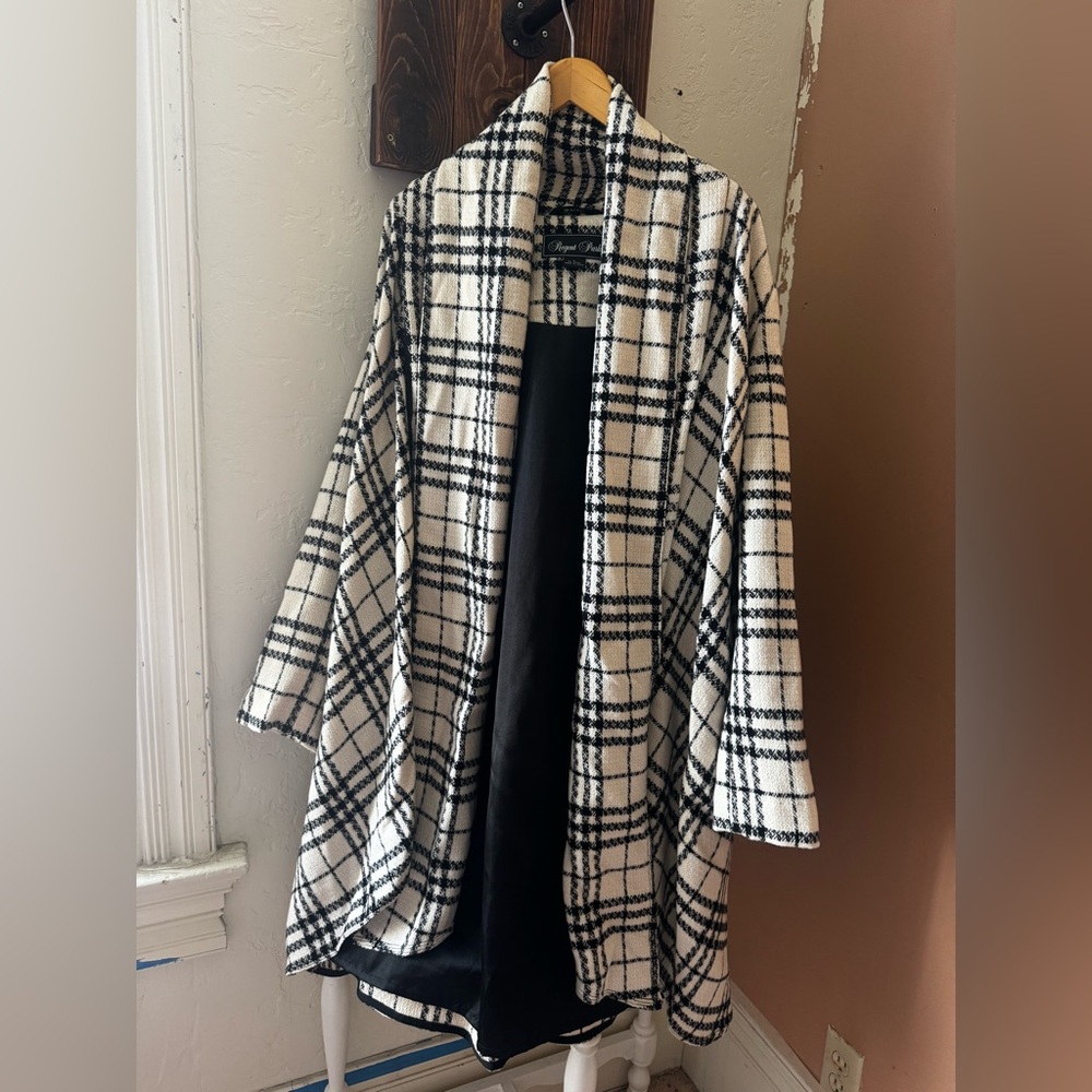 Black & White Wool-Blend Plaid Open Front Coatigan